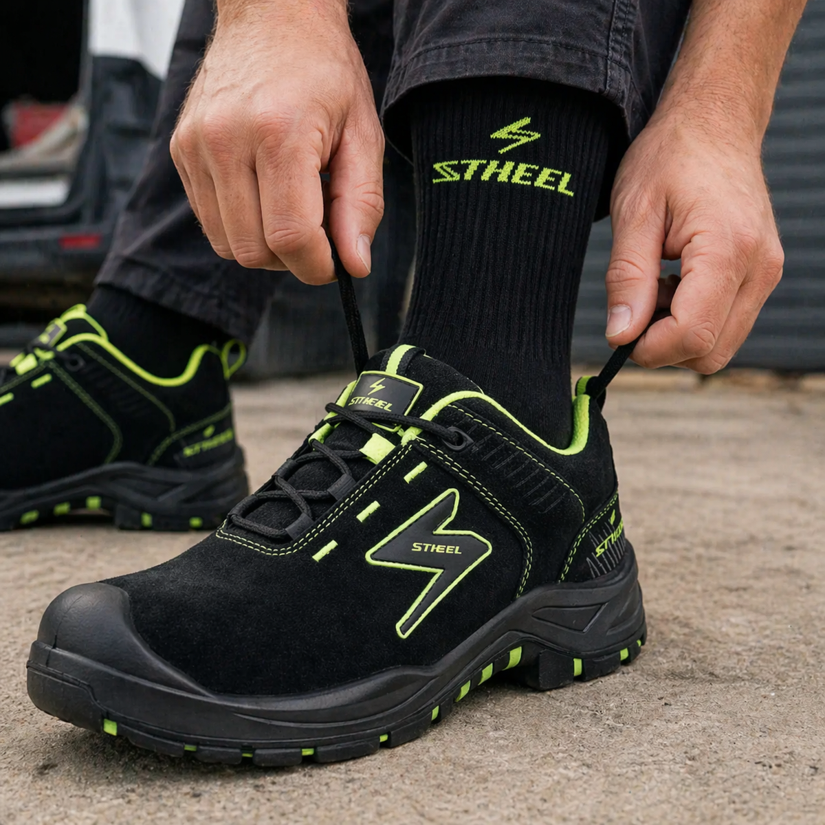 STHEEL work socks worn with safety footwear